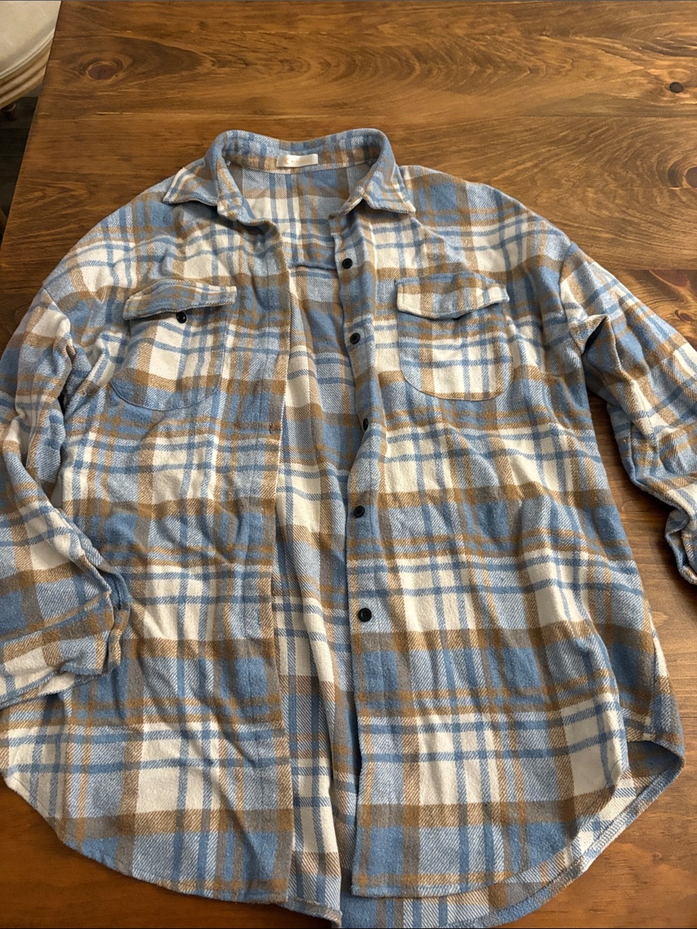 Men's Plaid Button-Up Shacket in Light Blue and Tan